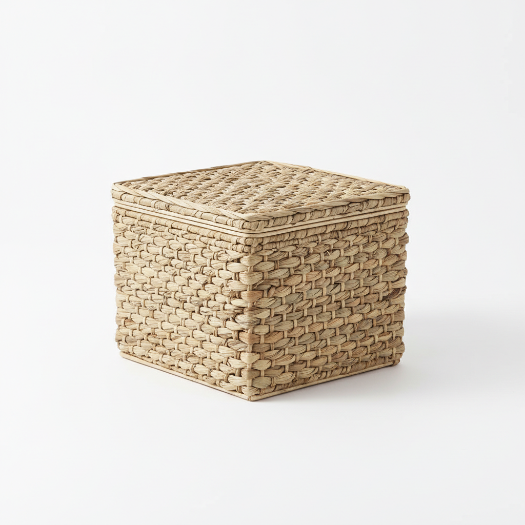 Panier de rangement en fibres naturelles avec couvercle tressé